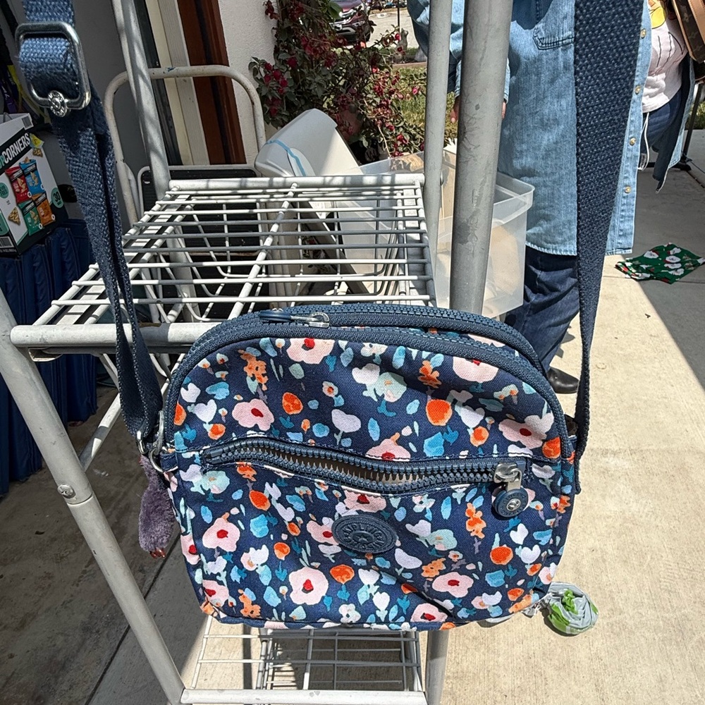 Kipling Floral Mini Crossbody Bag with Monkey Keychain | Navy & Multicolor Print